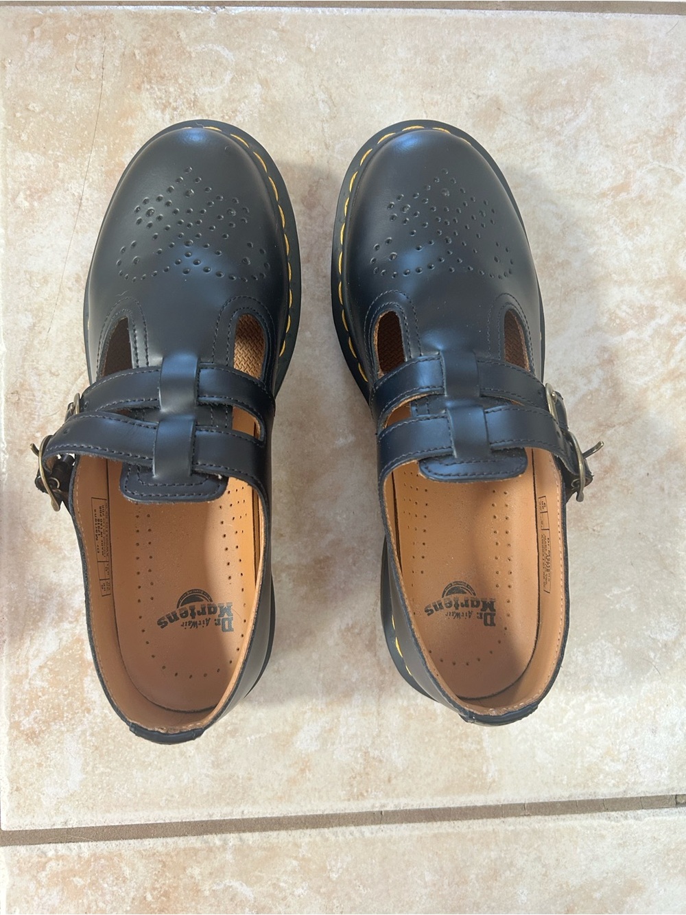 Dr. Martens Black Leather T-Bar Mary Jane Flats with Yellow Stitching